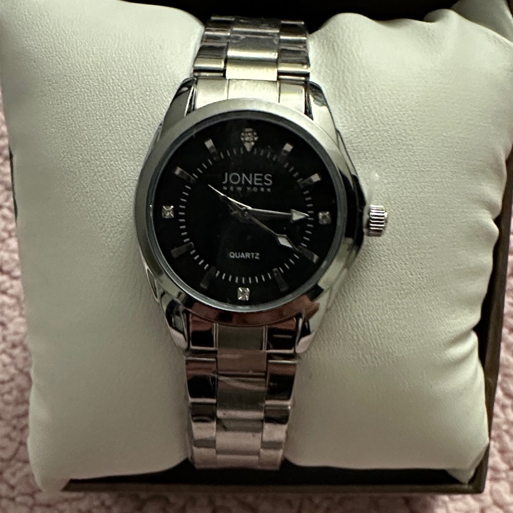 Jones New York Black Dial Silver Band Watch